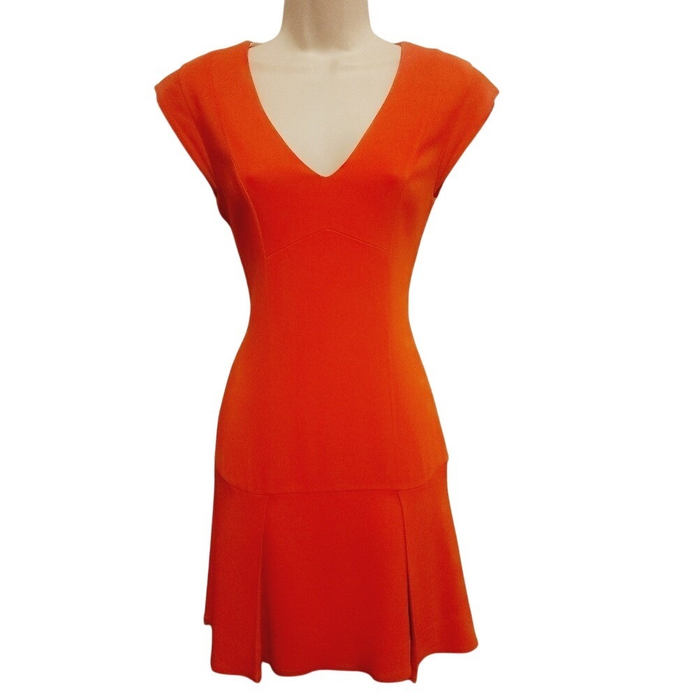 Rebecca Taylor Orange V-Neck Cap Sleeve Pleated Drop Waist Dress 0 215600D401